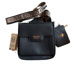 NEW Valentino Orlandi Italian Black Textured Leather Crossbody Purse & Wallet